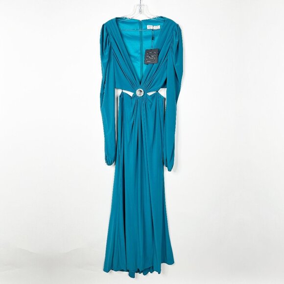 NWT Mac Duggal Jersey Puff Sleeve Cut Out Column Gown Ocean Blue 6 #7747- 48 - Picture 3 of 8